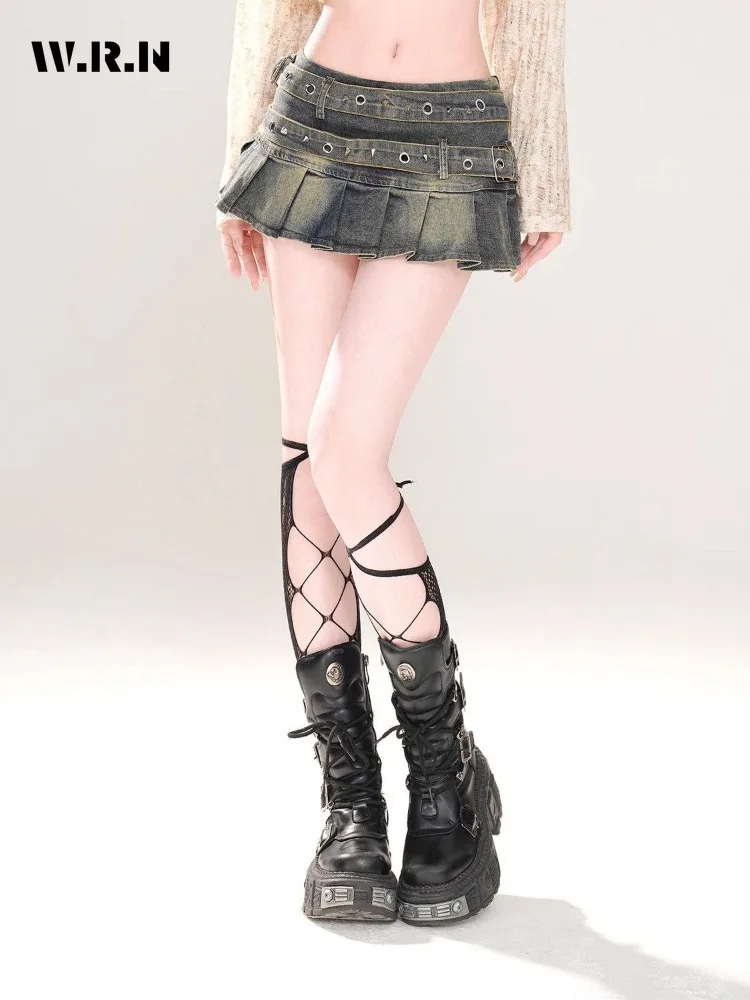 Femmes Sexy Y2K Slim Fit rétro poubelle jupes plissées 2025 été décontracté Punk Hotsweet taille haute maigre Mini Denim jupe courte