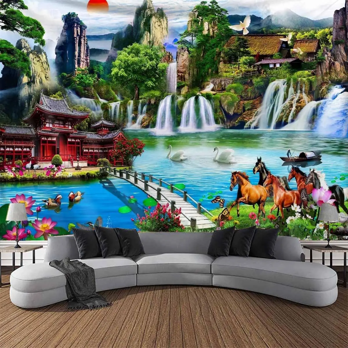 Nature Mountain Forest River Landscape Tapestries Wall Hanging,Asian Building On the Mountains Waterfall Scene Aesthetic