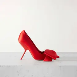 Summer New 9cm High Heel Sandals Shaped Heel Satin Big Bow Pointed Sexy Single Shoes Metal Decoration Size 34-43 Women's Shoes