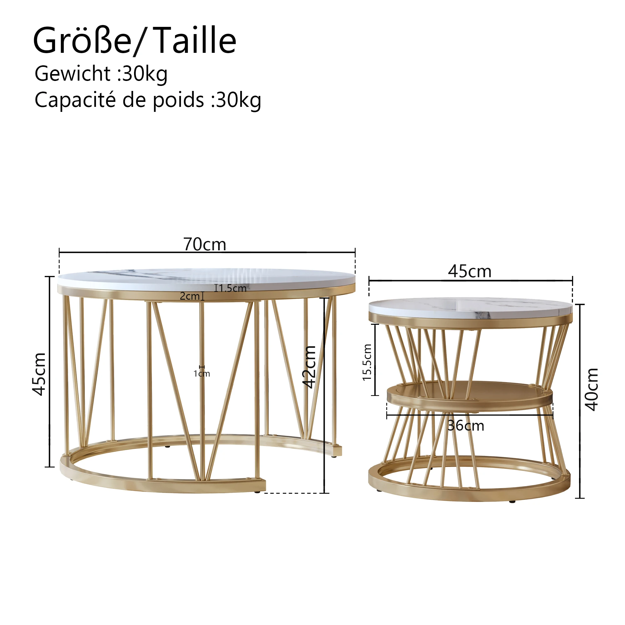 Moderner ineinander steckbarer Couchtisch, Couchtisch-Set, Marmorfurnier, Sofa-Seitennest der Tische, runde Beistelltische, 2er-Set, goldenes Gestell