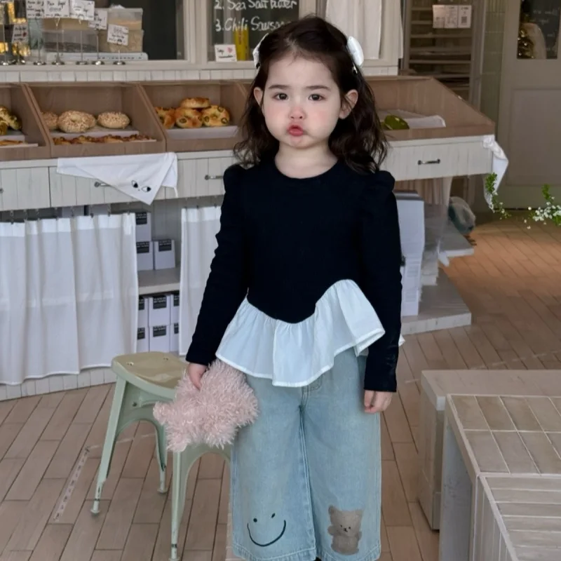 

Childrens Girls 2025 Spring Korean 2PCS Clothes Set Ruffle Spliced Top Little Bear Wide Leg Jeans Suit Toddler Girls Outfits