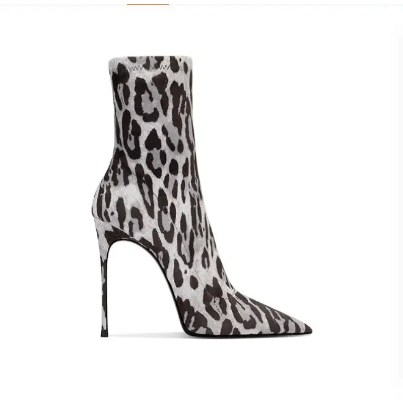 Brown Leopard Print Midsole Boots With Sexy Pointed Toe and High-End Elastic Feel for Women