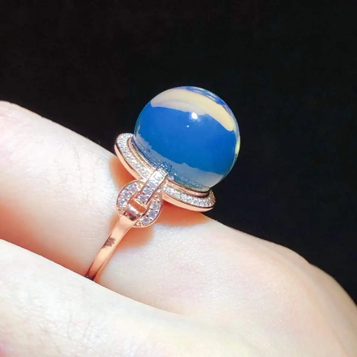 

Natural Mexican Blue Amber Ring Sterling Silver 14mm Adjustable Minimalist Jewelry Gift for Women Fine Blue Amber 925Silver Ring