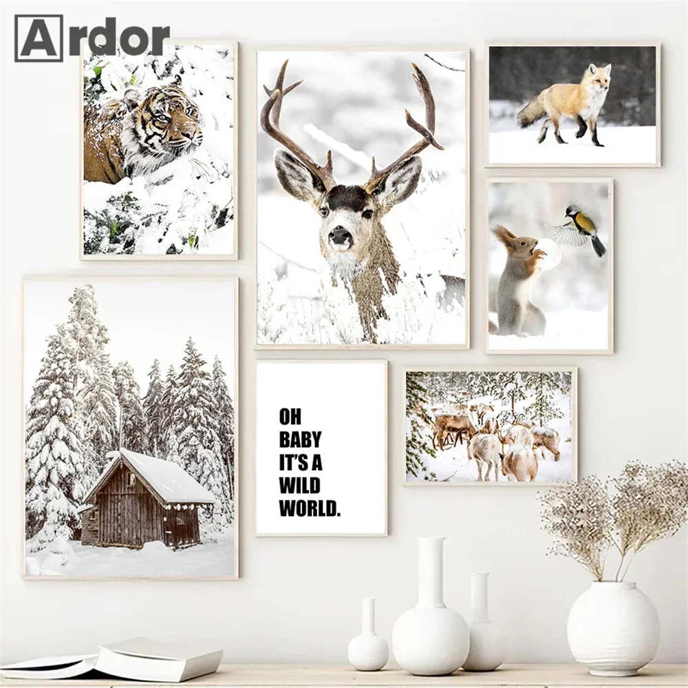 

Winter Animal Art Prints Fox Deer Tiger Elk Canvas Painting Forest House Tree Poster Nordic Wall Pictures Living Room Home Decor
