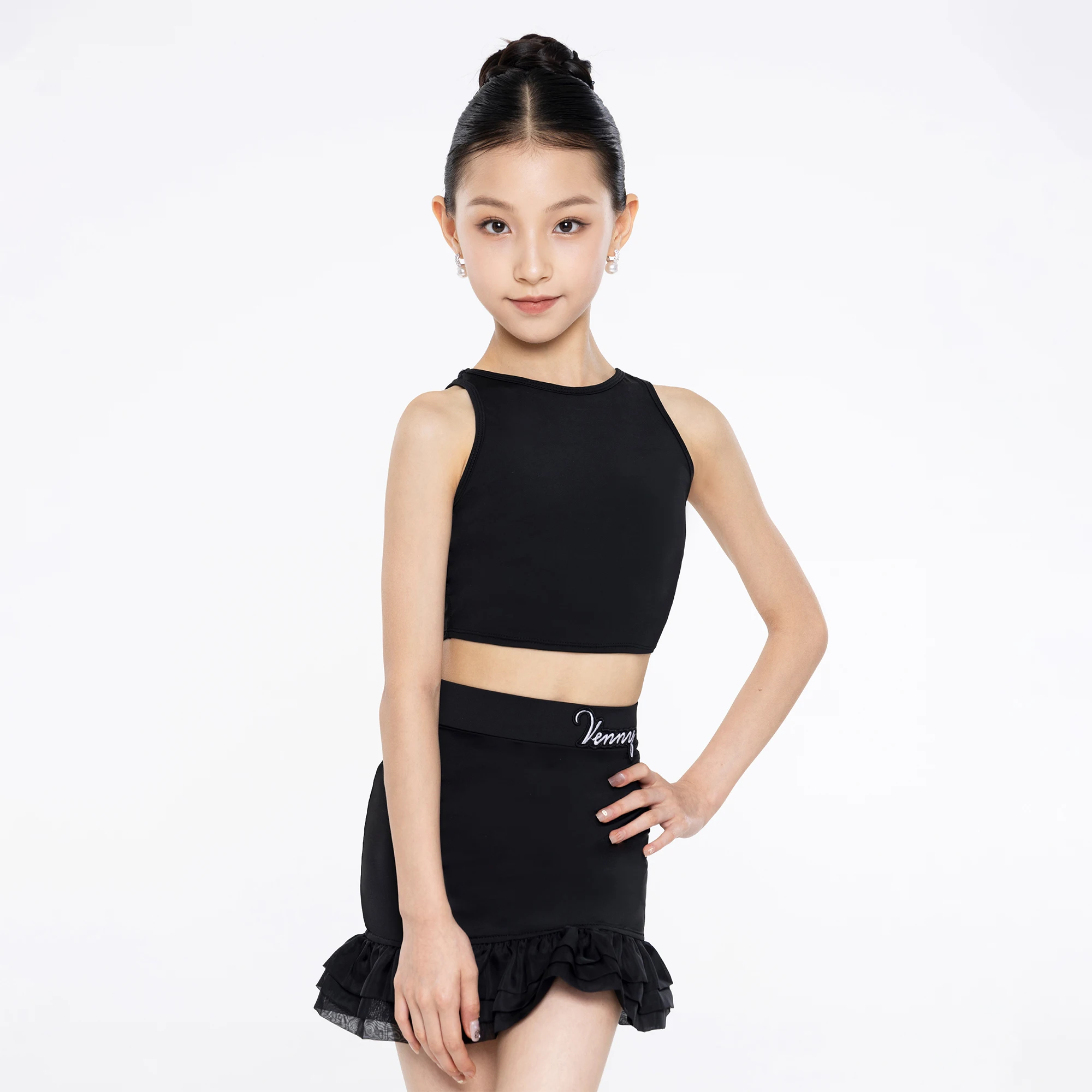Vennystyle Latin dance costume - Sleeveless Ruffle Skirt Practice Dress, Girls' Professional Dance Training Wear