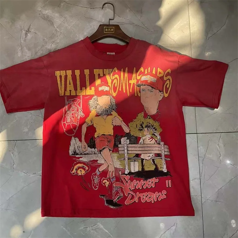 الأمريكية شارع العليا فالي الكرتون طباعة قمصان الرجال النساء القطن الخالص الساخن الحفر خطابات وادي المتضخم تي شيرت #4