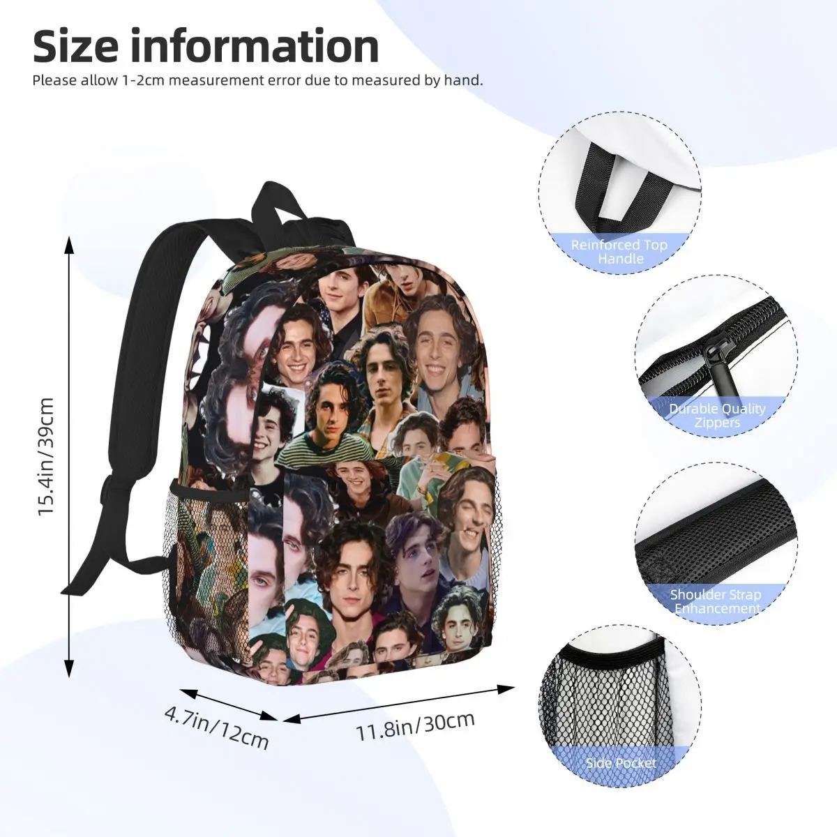 Timothee Chalamet Collage Mochilas para meninos e meninas, Bookbag dos desenhos animados para estudantes, mochilas escolares, mochila de viagem, bolsa de ombro, grande capacidade