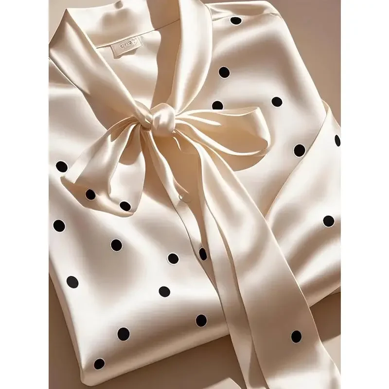 Elegant French Women High Quality Satin Polka Dot Print Shirt Office Lady Casual  Chic Blouse Lace-up Bow Long Sleeve Loose Tops