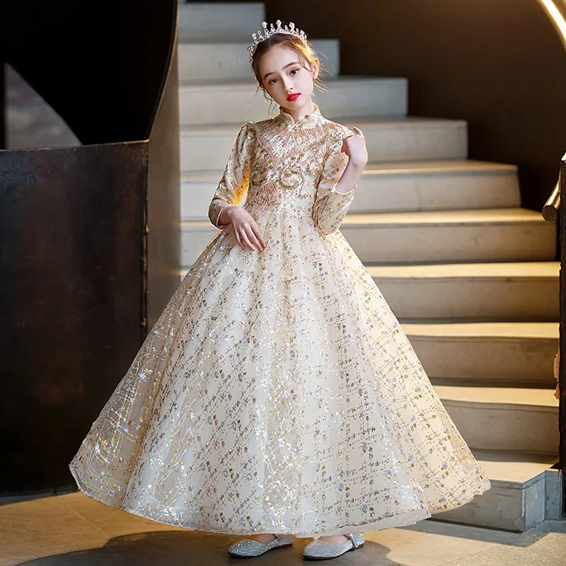 Elegant Princess Golden Lace Dress Kids Flower Girl Dresses For Girls Vintage Children Dress for Christmas Party Long Ball Gown