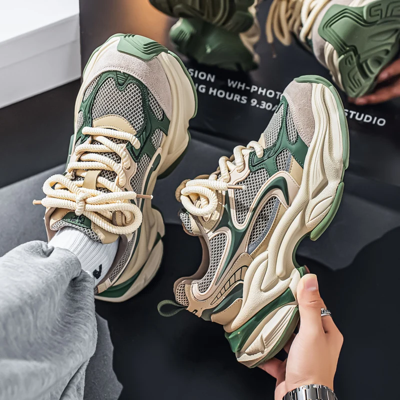 Herren-Dad-Sneaker, atmungsaktives Obermaterial aus großem Mesh, dicke Juteschnürsenkel, farblich abgesetzte dicke Sohle, höhenvergrößernd und rutschfest, retro-trendiger Stil, mehrere Farboptionen verfügbar, vielseitige Freizeitschuhe für den täglichen Arbeitsweg und die Straßenmode. – Detail 18