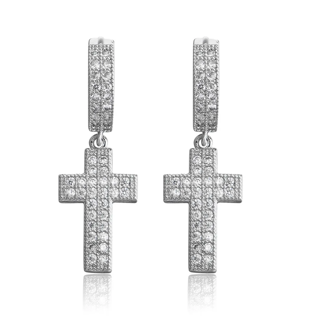 Double row moissanite cross earrings with micro inlaid moissanite hiohop personalized men's earrings hip-hop earrings