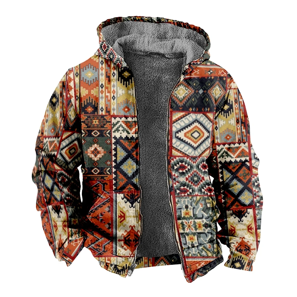 

Autumn Winter Fleece Zip Up Hoodies Vintage Tapa Tribal Graphics Digital Print Men Parka Coats Jackets Outerwear Sweatshirts