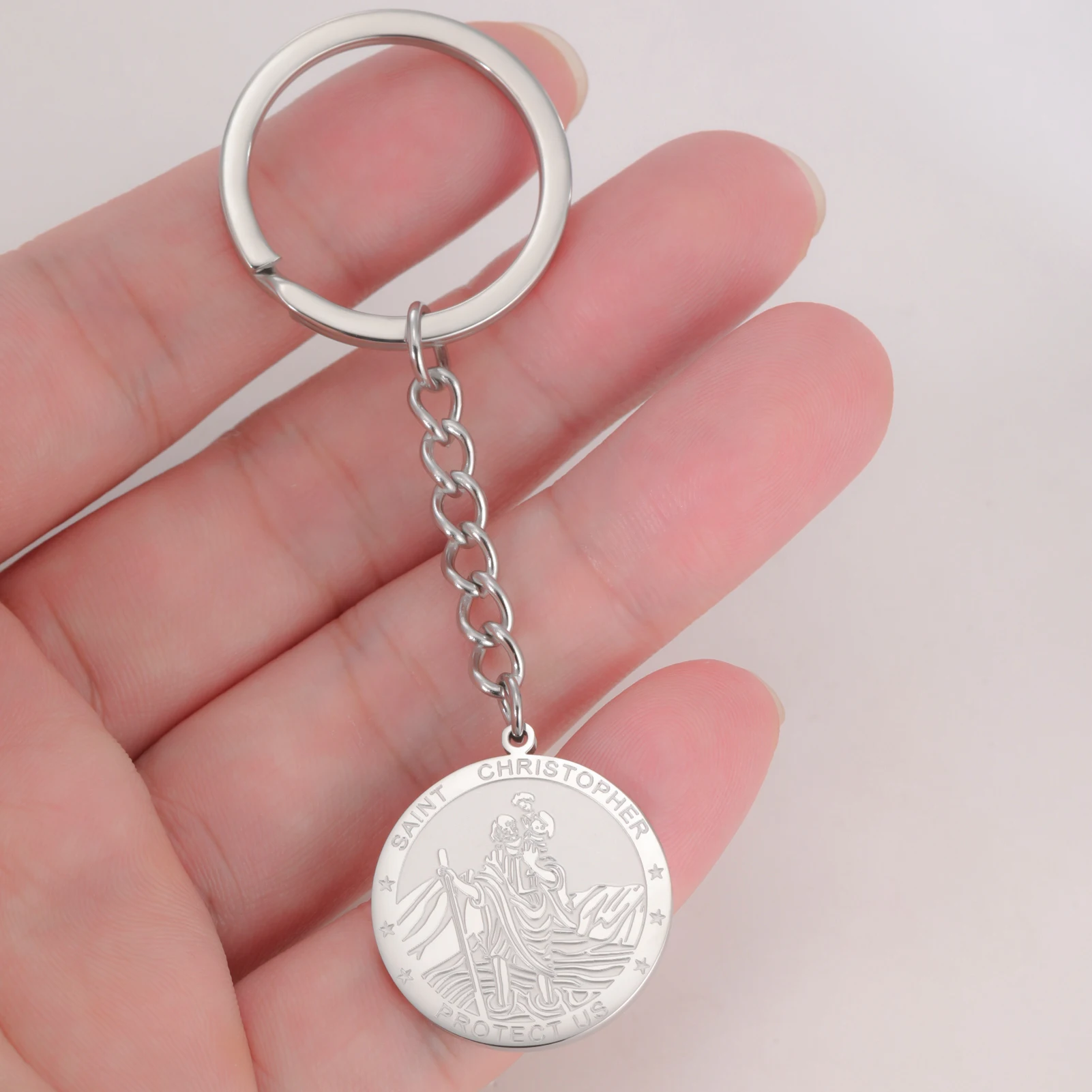 LIKGREAT St Christopher Keychain for Men Women Stainless Steel Keyring Religious Catholic Medal Car Protection Jewelry Gift