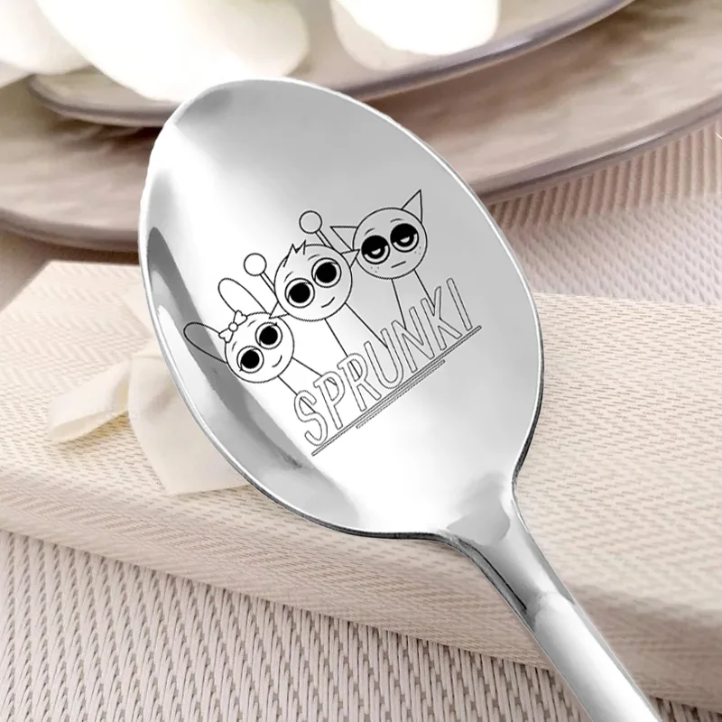 Sprunkis Spoon Stainless Steel Tableware Cute Cartoon Games Figure Pattern Scoop Cutlery Ice Cream Pudding Spoons Birthday Gift