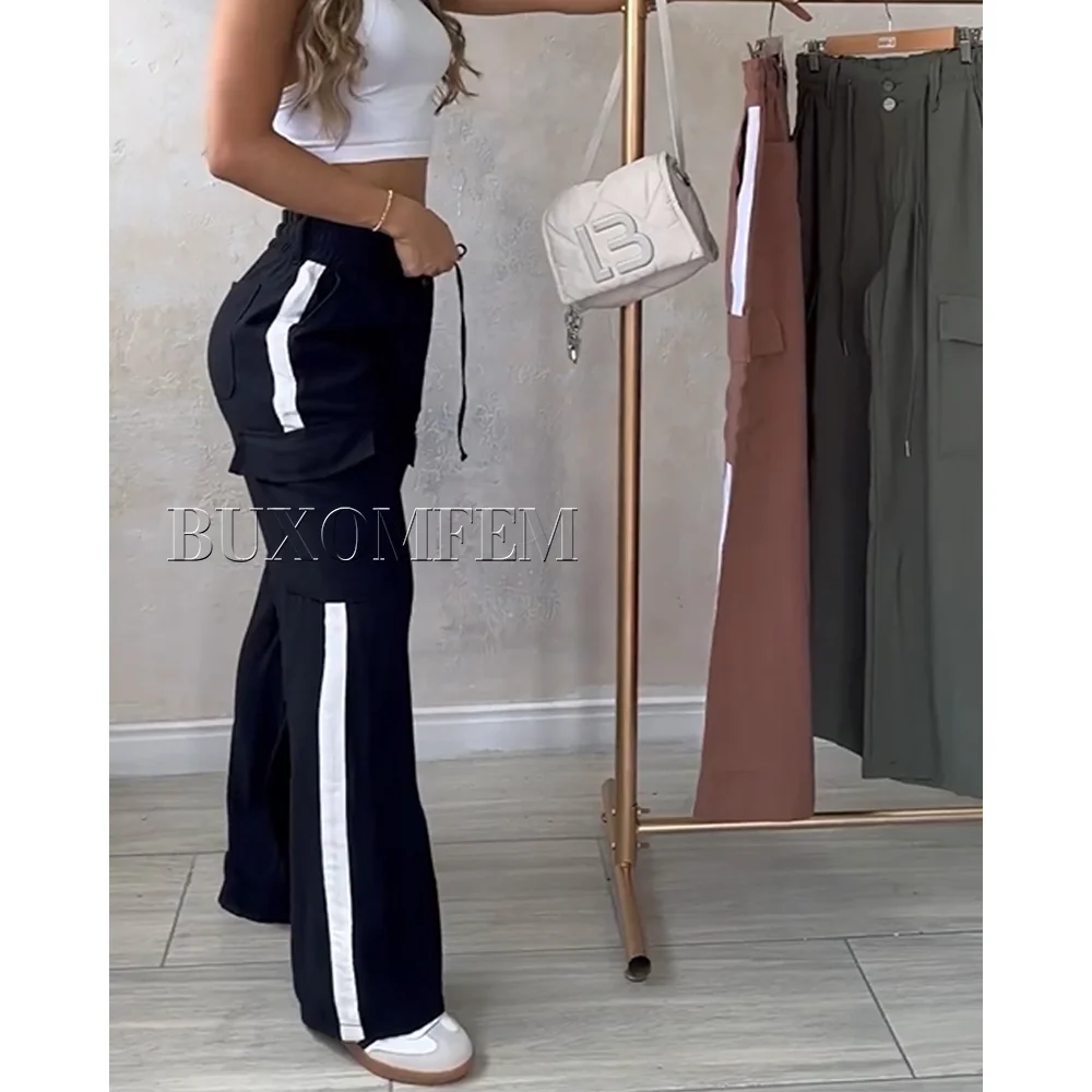 Cargo Style Loose Casual Jeans fashion Drawstring Trousers with Side Straps Full Length Daily Wide Leg Black Pant Outwear New