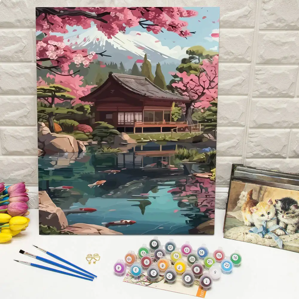 Ölgemälde nach Zahlen, Berglandschaft, DIY, digitale Malerei, Haus, Baum, Landschaft, Bild, Kunsthandwerk auf Leinwand, handgemaltes Geschenk