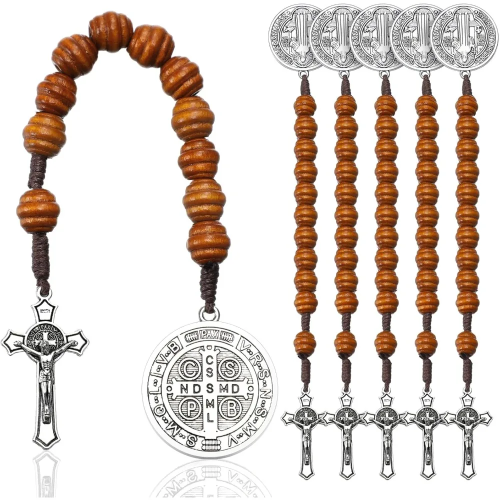 6/12/20 Piezas Medalla de San Benito, Rosario de Bolsillo, Crucifijo de Madera, Jesús Plateado, Tarjeta y Bolsa de Gasa para Recuerdos de Boda para Invitados