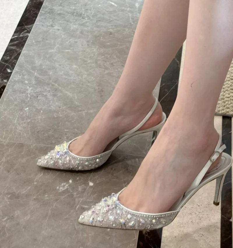 Bling Bling Crystal String Bead Slingback Pumps White Beige Lace Floral Pointed Toe Cover Heeled Wedding Bride Shoes