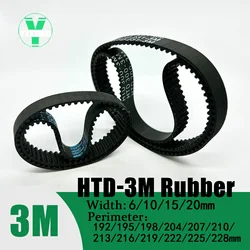 HTD-3M Timing Belt Width 6/10/15mm Rubber Closed Loop Length 192/195/198/204/207/210/213/216/219/222/225/228mm Synchronous Belt