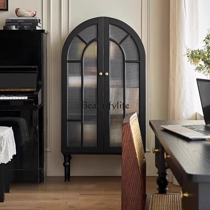 

French retro solid wood curved side cabinet, living room double door storage, black locker