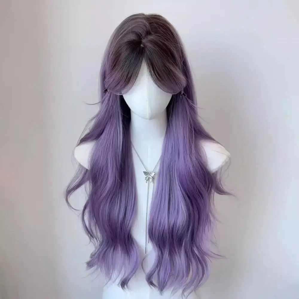 

Purple Long Water Body Wavy Wigs with Curtain Bangs Natural Heat Resistant Synthetic Fiber Midlle Part Women Curly Wigs
