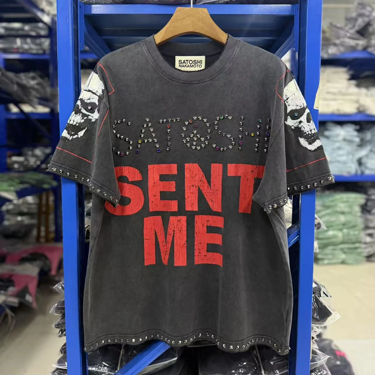 Satoshi Nakamoto Washed 26SS SENT ME Nail Bead Destruction Skeleton Print T Shirt Men Women High Quality Tee Tops T-Shirt