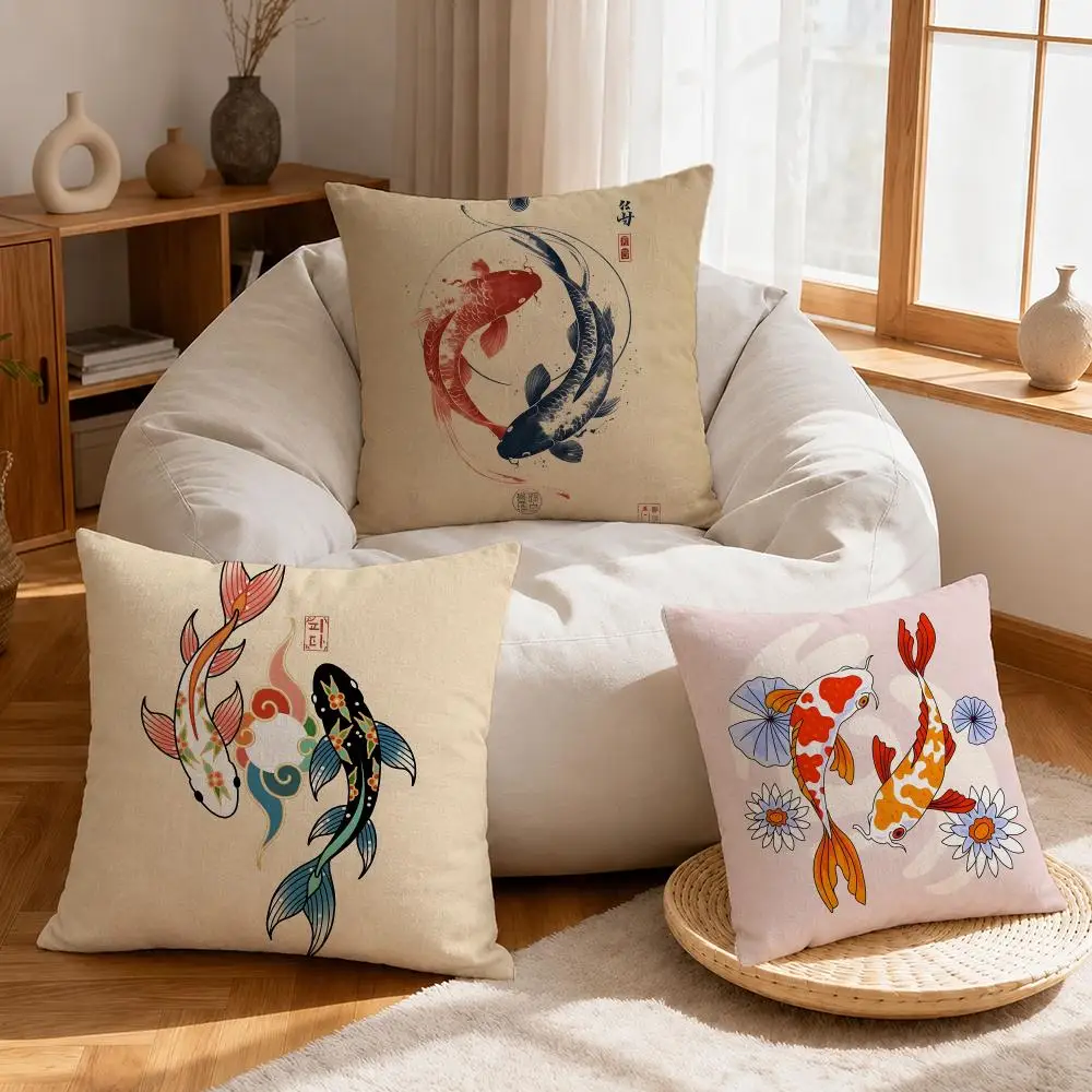 Art Koi Cushion Cover Linen Anti-Mite Antibacterial Cushion Cover Invisible Zipper Sofa Decor