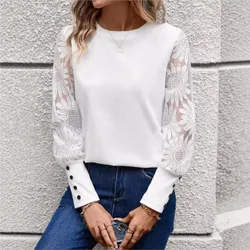 White Elegant Women's Round Neck Office Fashionable Shirt Autumn And Winter Casual Lace Cuffs Long Sleeved Button Up Blouse