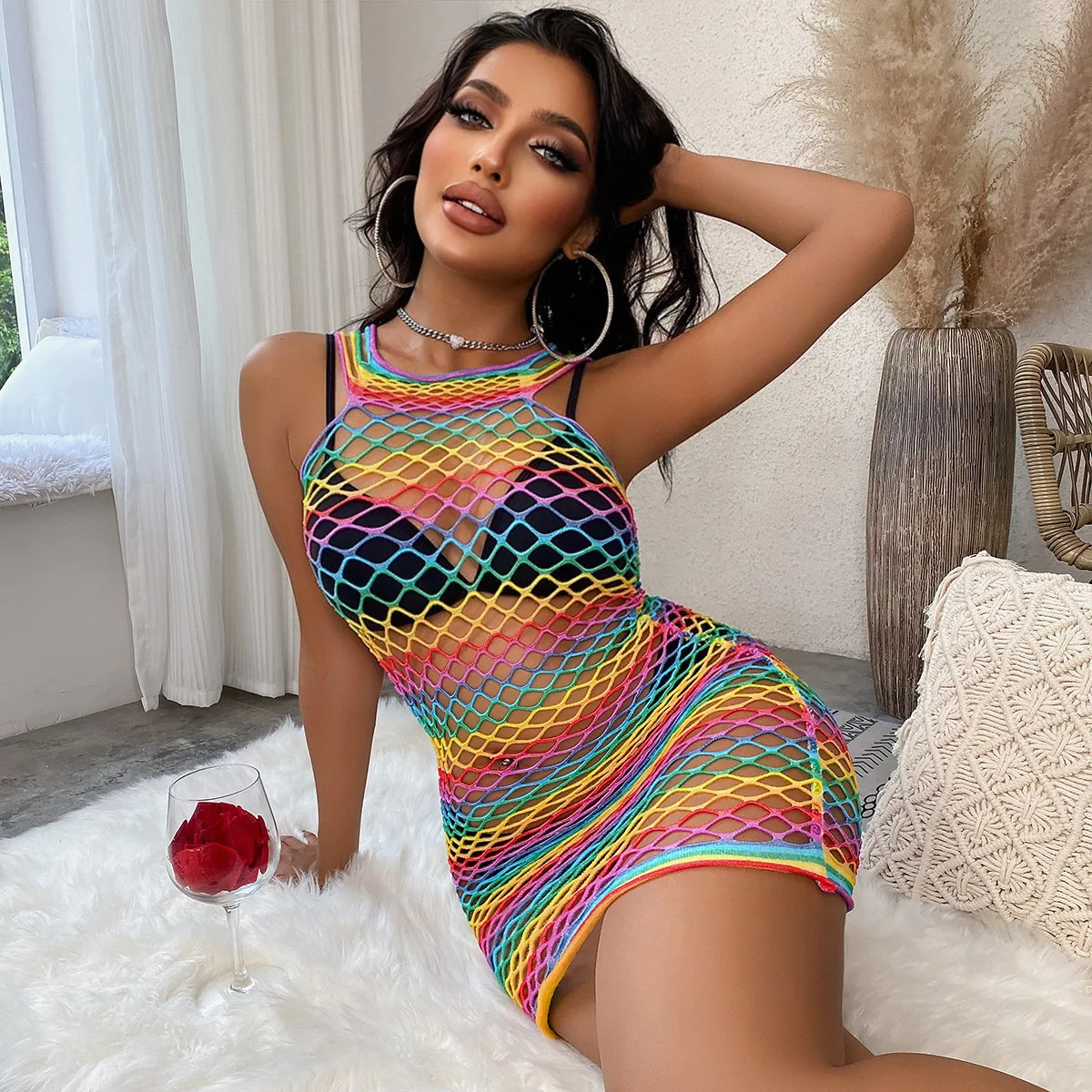 Fishnet Underwear Elasticity Cotton Sexy Lingerie Women Mesh Elastic Rainbow Dress