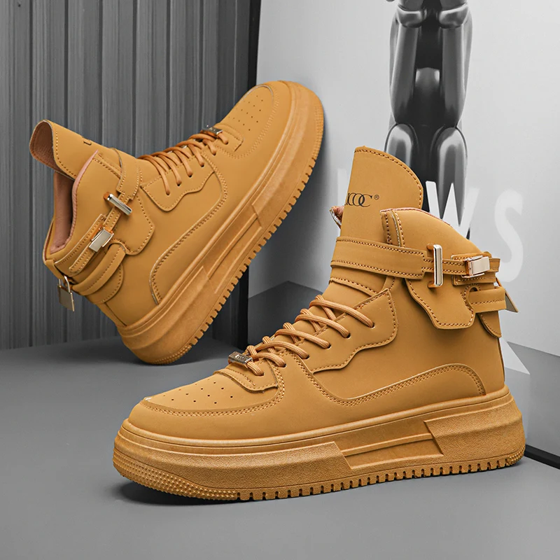

Autumn Winter Men's Skateboard Shoes Fashion Lace-up High Top Shoes Man Platform Sneakers Comfortable Leather Men Brown Sneakers