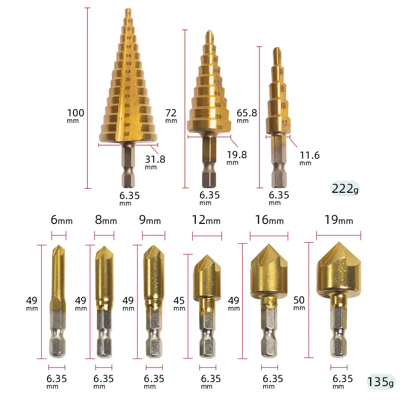 23-Piece / 26-Piece Set Of Five-Edge Chamfer Cork Drill Woodworking Drill Punch Ladder Drill Gold Punch Pagoda Drill L Wrench