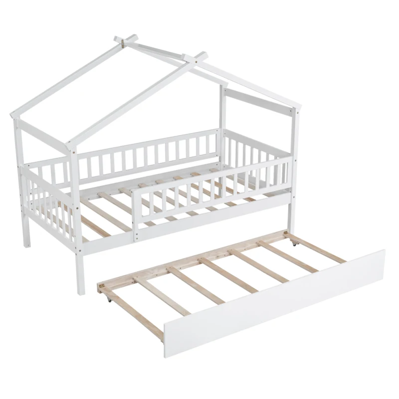 Cama de casa de madera de tamaño doble con trundle de tamaño doble, blanco