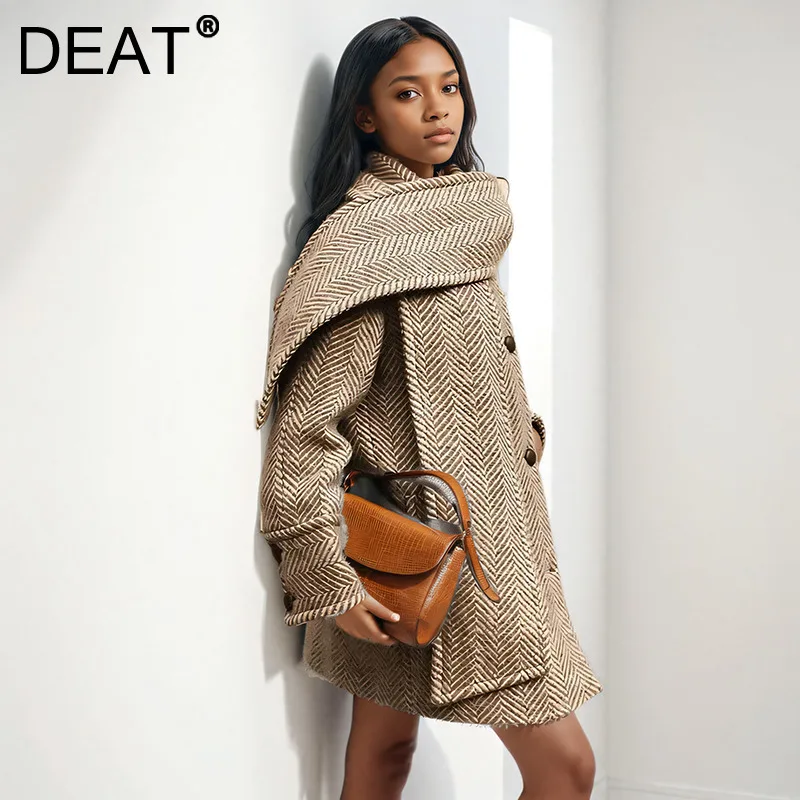 DEAT Fashion Scarf Collar Loose Stripe Woolen Coat For Women 2024 Winter New Arrival Loose Casual Jackets Female Trendy 33A2358