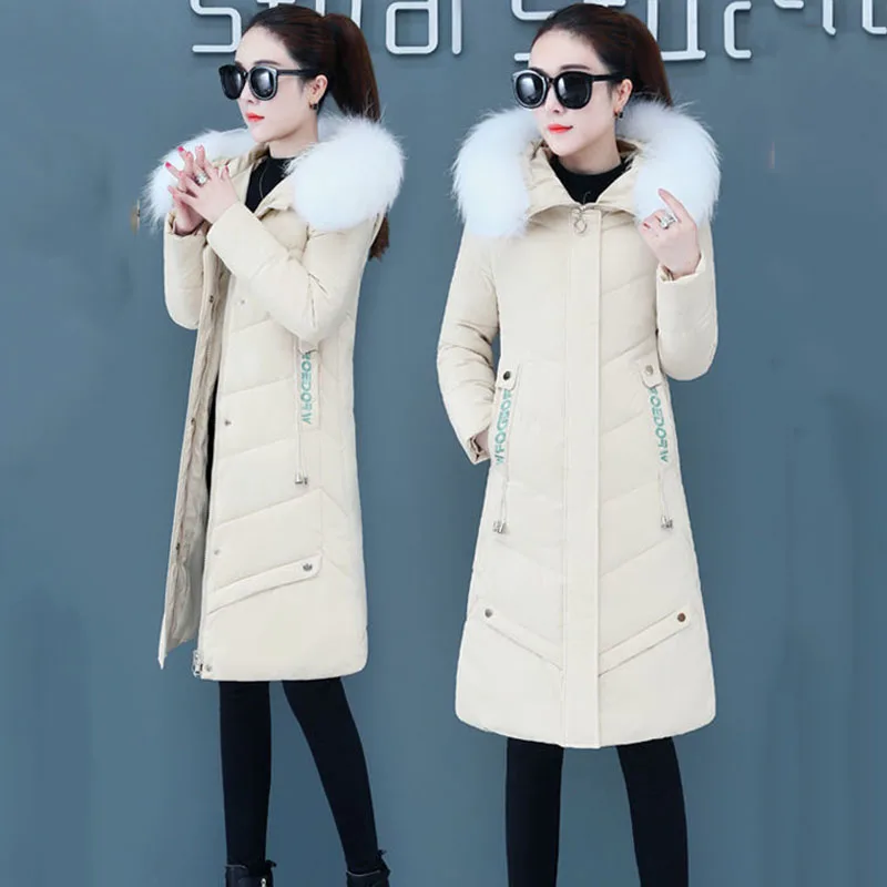 Fashion White Duck Down  Women's Temperament Mid-length  Korean Version Hooded Slim Embroidery Winter Fur Collar Coat Lady