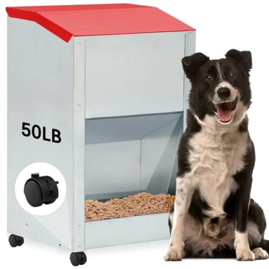 

50 lb Automatic Dog Feeder for Large Breed with Wheels Galvanized Gravity Dog Food Dispenser Outdoor Pet Self Feeding Easy to M