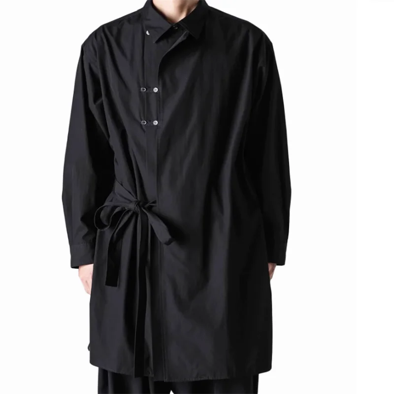 Black multi-layer deconstruction design in the long shirt retro loose men's gown outside 【Custom size men's wear】