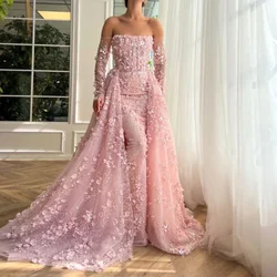 3D Flowers Evening Dresses Chic Strapless Long Sleeves Beads Sequined Party Gowns Fashion Elegant Sweep Train Prom Dresses