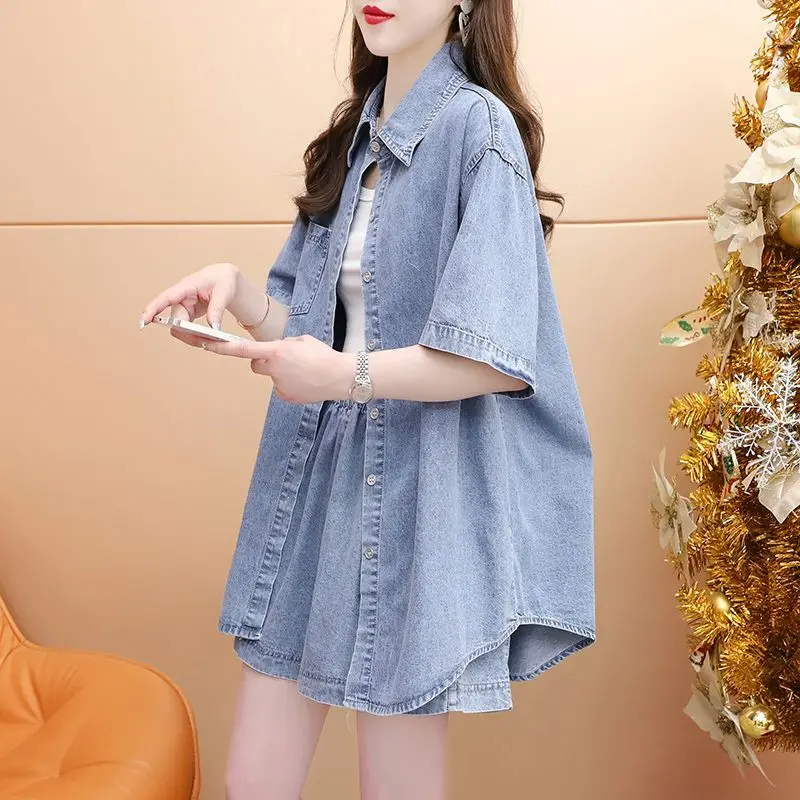 Denim Shirt Short Sleeved Denim Suit for Women\'s Summer 2024 New Internet Celebrity Popular Street Wide Leg Shorts Two-piece Set