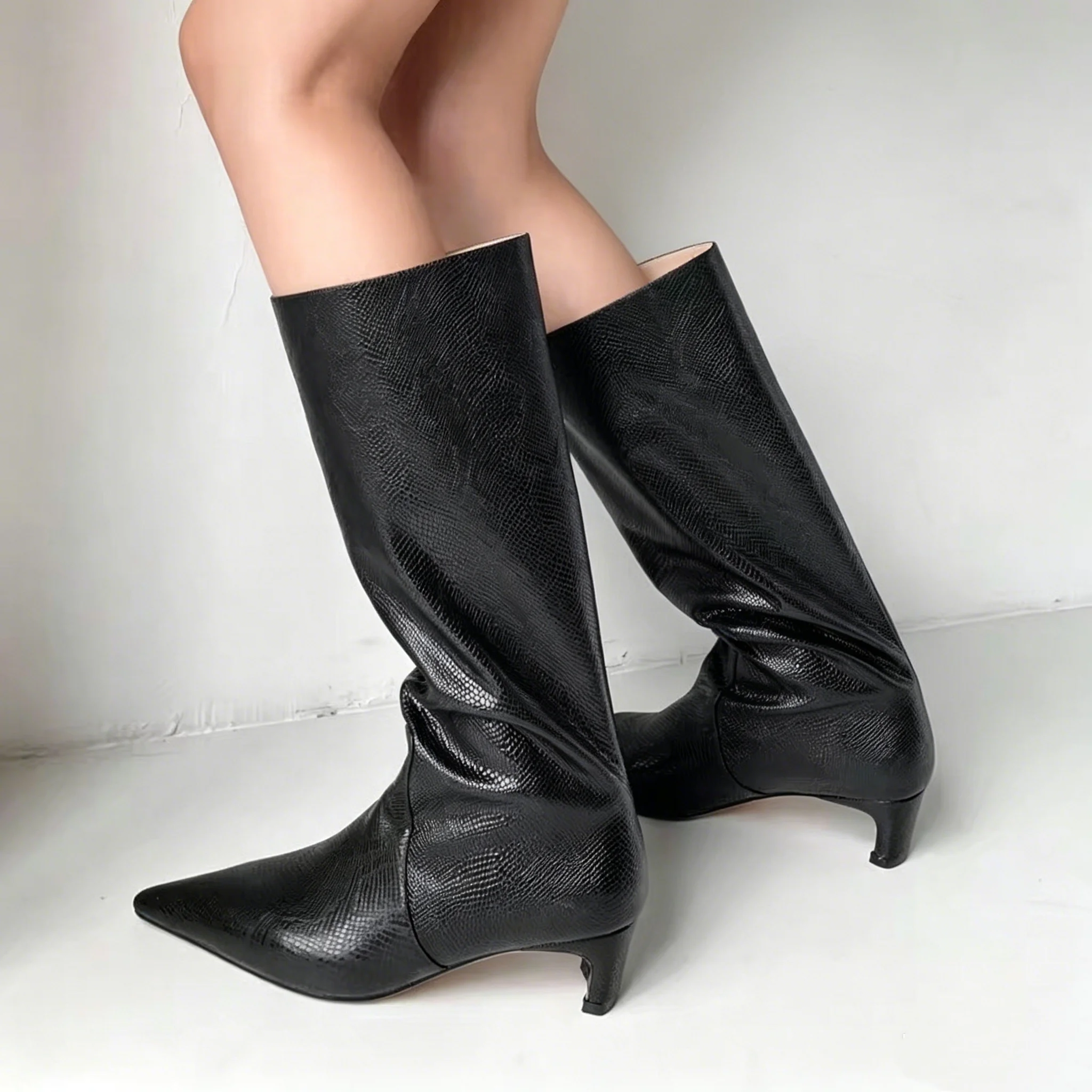 Belt Buckle PU Leather Pointed Toe Knee-High Fashion Women Long Boots Stiletto High Heels Zipper Design Large Size Shoes