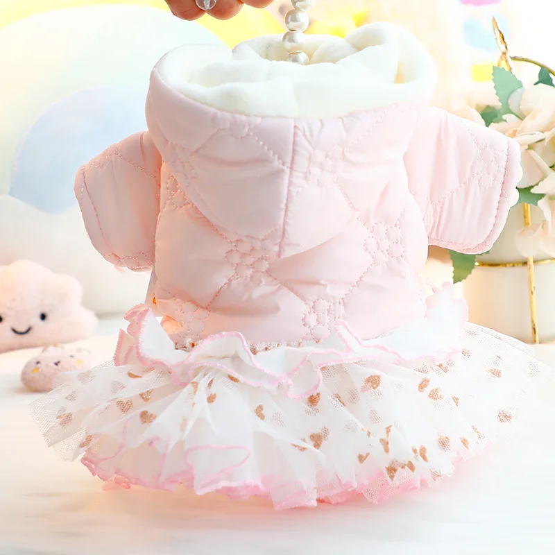 Pet Winter Clothes New Thickened Rabbit Cottont Princess Skirt Hoodie Floral BubbleSkirt Girl Dog Cat Winter Coat Outfit Clothes