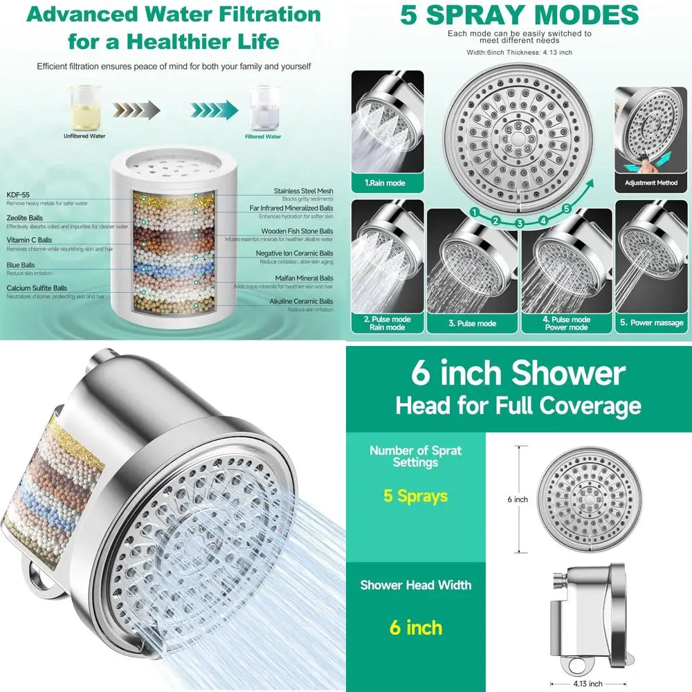 

6 High-Pressure Shower Head with Filter for Hard Water, 5 Modes, Chrome Finish