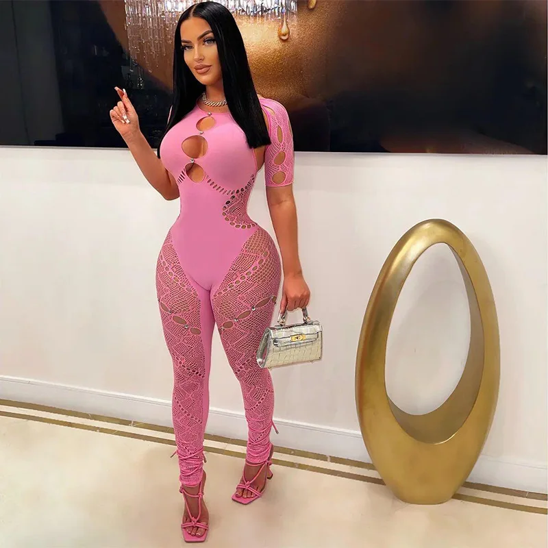 New Women's Autumn Solid Color Halter Neck Sleeveless Hollow Out Sexy Slim High Waist Lace Jumpsuit 4QTB