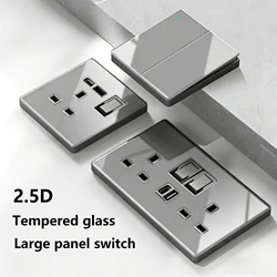 Deluxe Grey Tempered Glass Panel UK 13A Plug Electrical Socket, Double 5 Pin Socket and Switch, EU Universal USB C Wall Socket