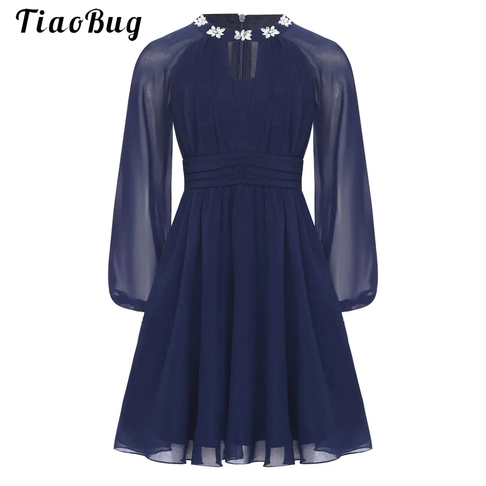 

Flower Girls Mesh Puff Long Sleeve Dresses Summer Faux Diamond Chiffon Ruffled Junior Bridesmaid Wedding Party Dress Short Dress