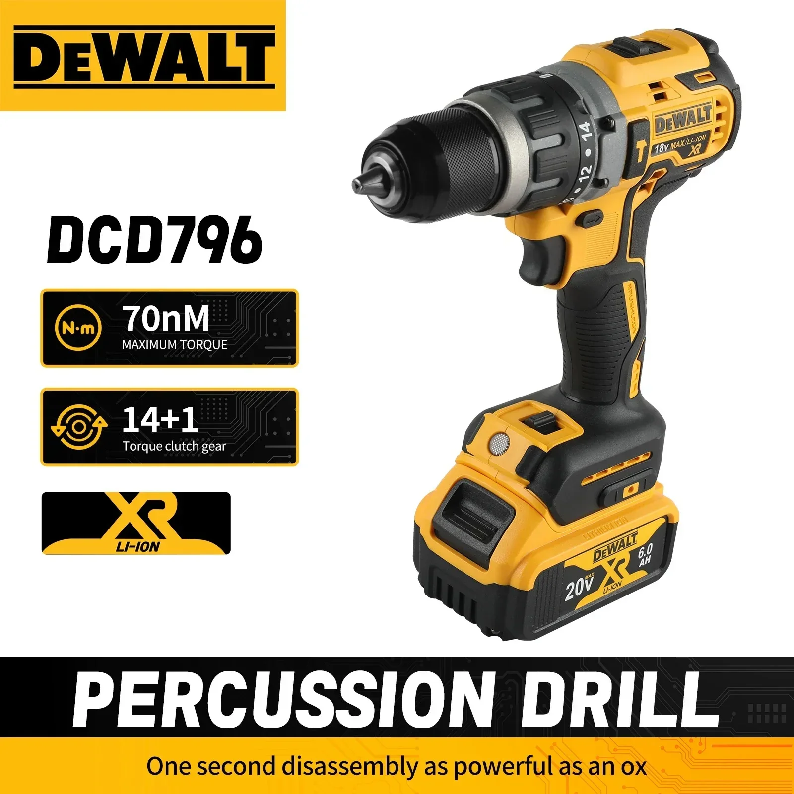 For DEWALT DCD796 20V Brushless Drill Driver 14+1 Clutch Gears 70N.m Torque 0-2200RPM Self-Locking Chuck Furniture Cabinet tools