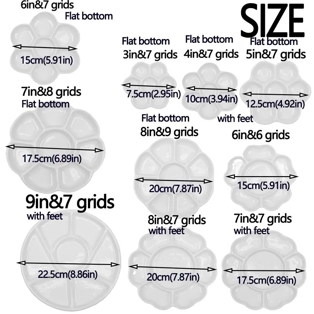 6/7/8/9 Grids Ceramic Paint Palette White Portable Paint Palette Tray Flower Shaped Reusable Mixing Colour Tray Watercolor Dish