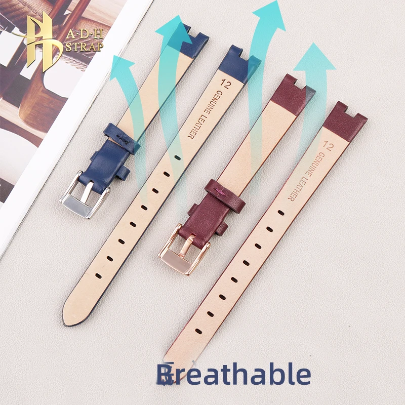 스와로브스키 5376812/5376830/842 소 가죽 시계 밴드 오목 인터페이스 팔찌 핀 버클 12mm 여성용 가죽 손목 시계 스트랩