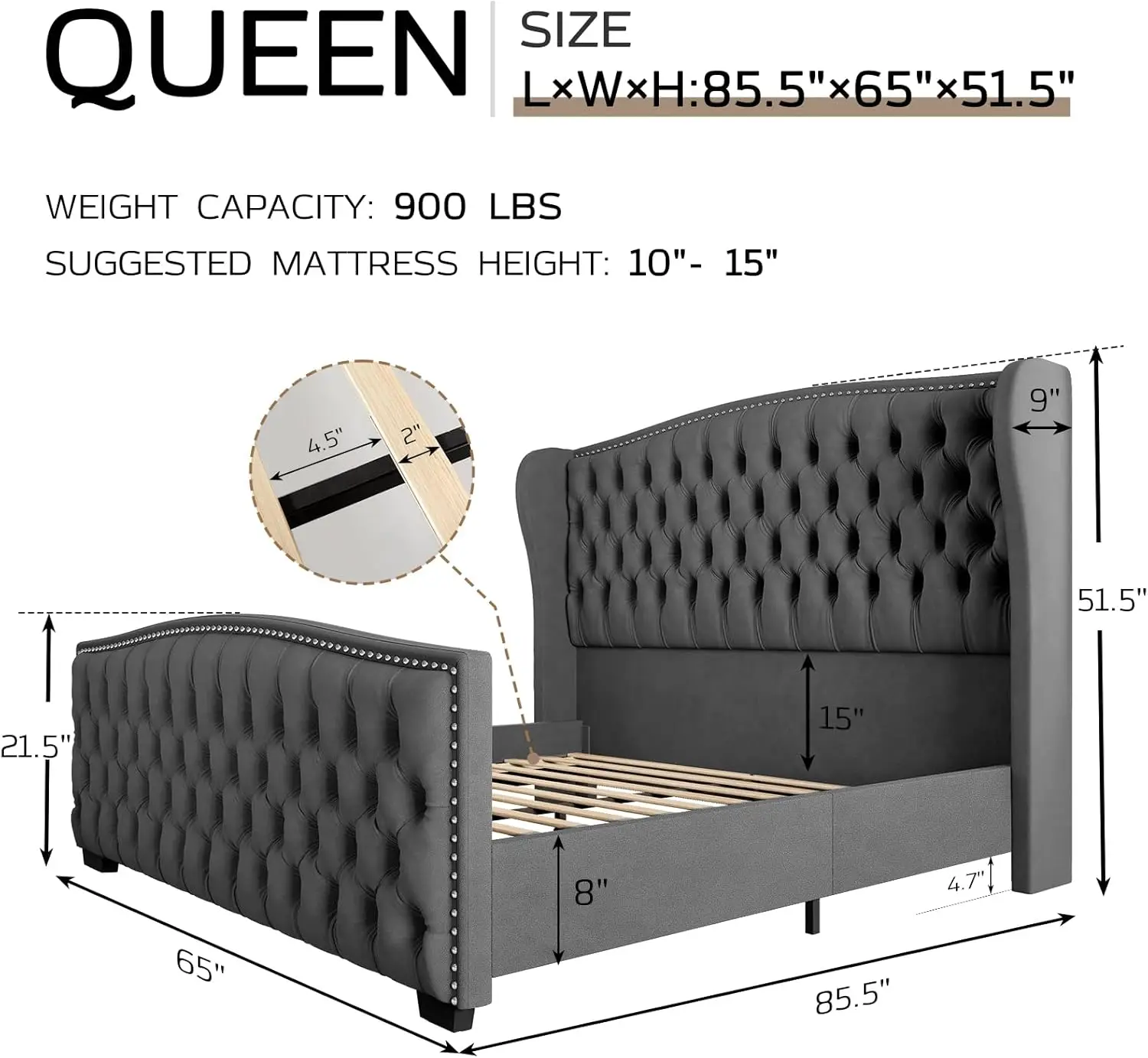 Queen Platform Bed Frame with Wingback Headboard, Velvet Upholstered Bed Frame with Handmade Button Tufted & Nailhead,