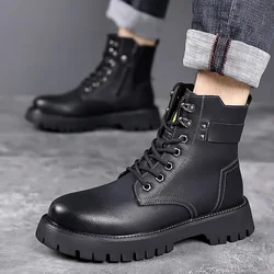 Fashion Cow Leather Platform Men's Boots Designer Soft-soled Casual Autumn Winter Cotton Shoes Black Motorcycle Boots for Men