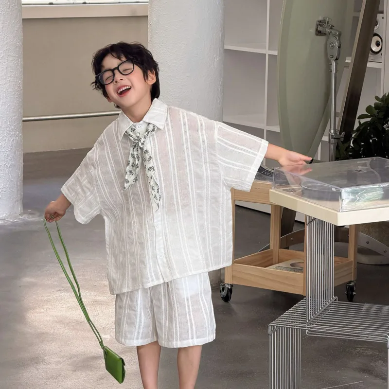 26 Spring Summer Holiday Stripe Children Shirt Pants Top Trouser Pure Cotton 2Piece Set Boy Old Money 3-16 Years Outfit Clothes